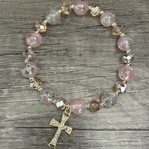New Elegant Pink and Gold Beaded Bracelet with Cross Charm